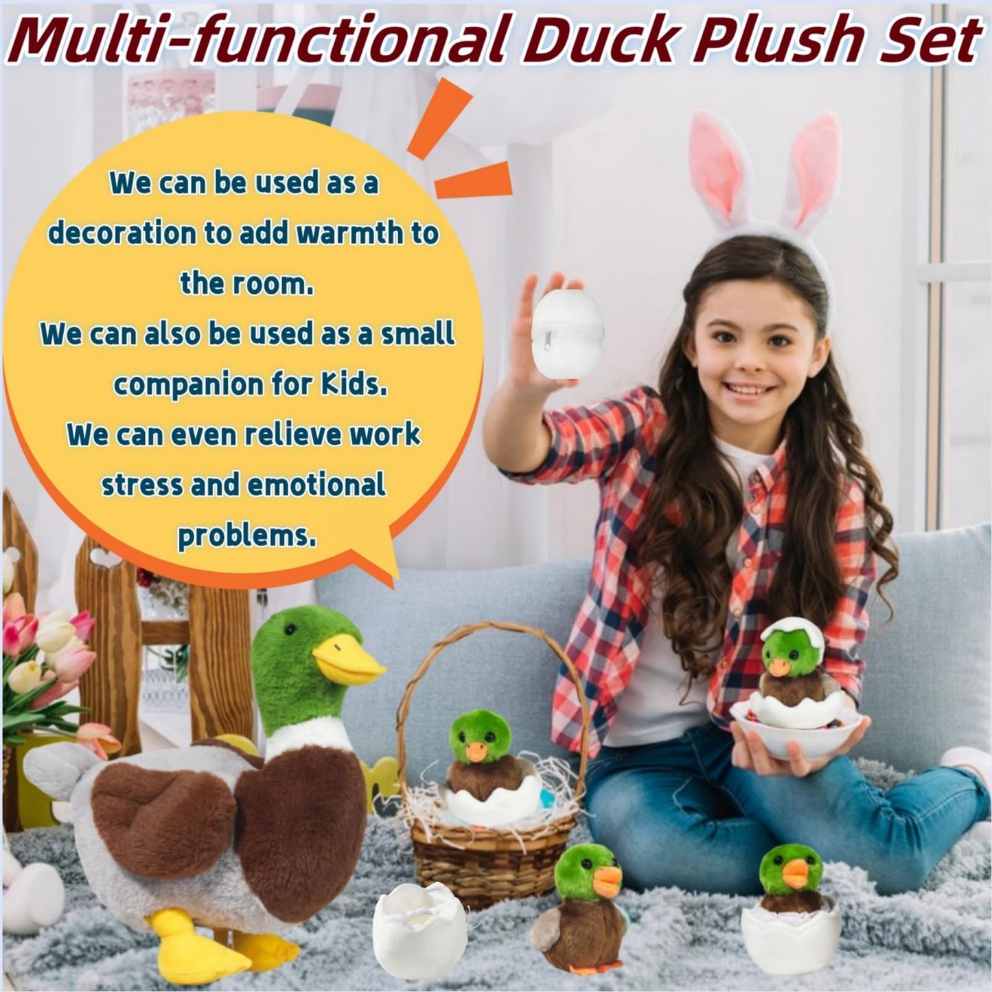 Youthfuljive 7 in 1 Mallard Duck Plush Toy Set with Mommy Duck, 4 Baby Ducklings, and Eggs - Perfect for Kids' Birthdays, Easter, and Farm Party Decor