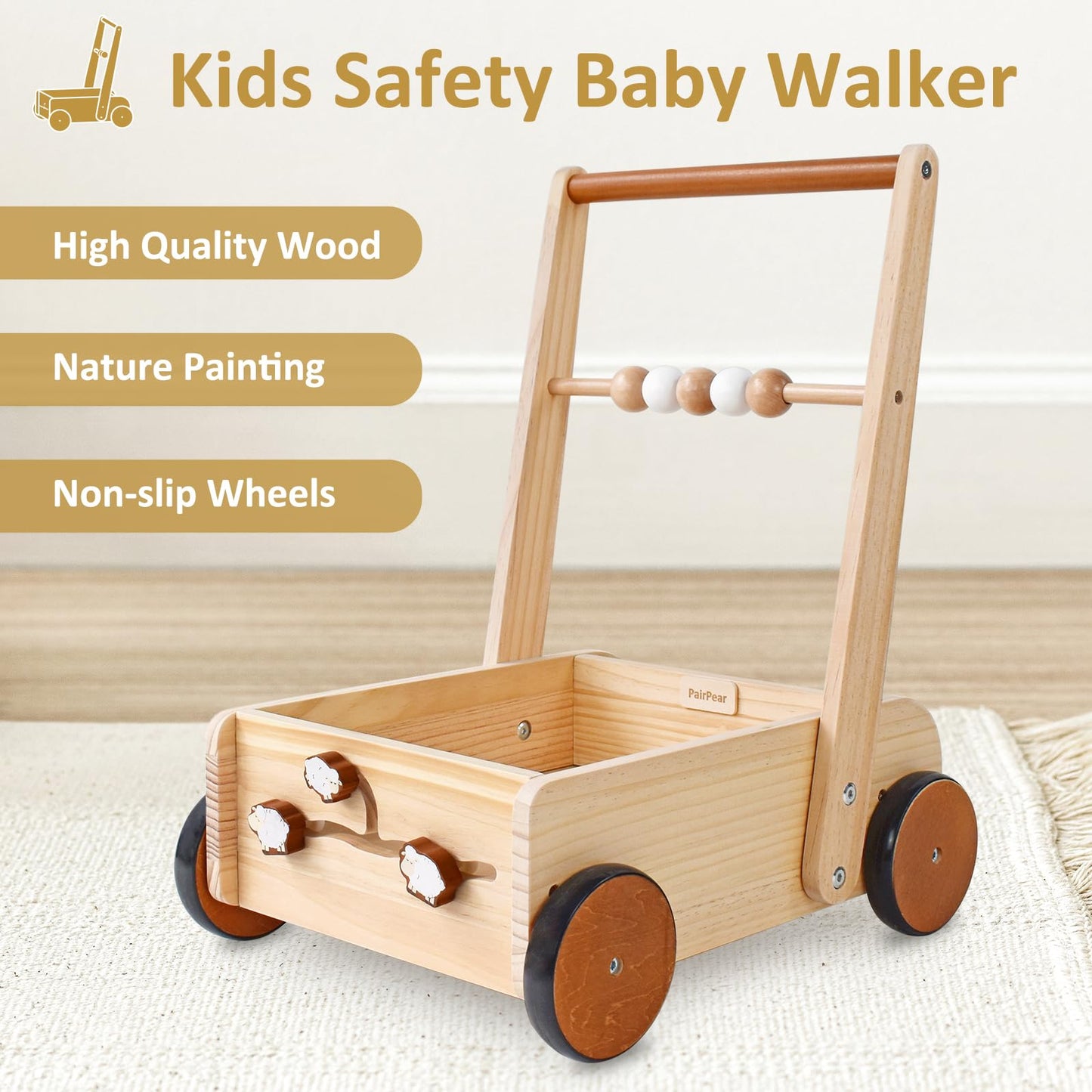 Pairpear Wooden Baby Walker Push Toys,Adjustable Speed Nature Wood Push Walkers For Babies Learning To Walk,Toddler Push And Pull Toys Gift For Baby Girls And Boys 1-2