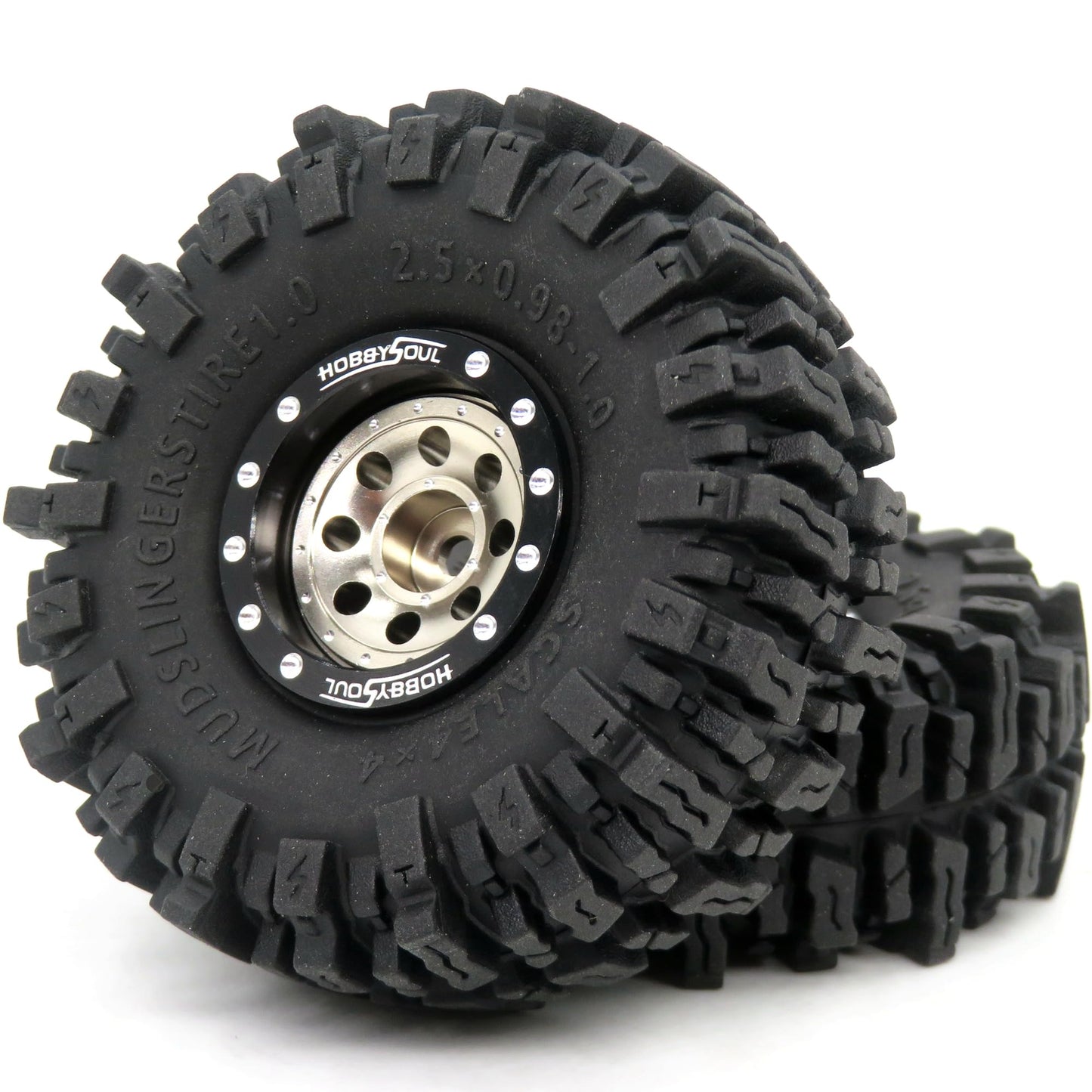 HOBBYSOUL RC 64 * 25mm 1.0 Mud Slingers Tires Soft Sticky Tyres & Heavy 1.0 beadlock Wheels Adjustable Offset Rims for RC Rock C