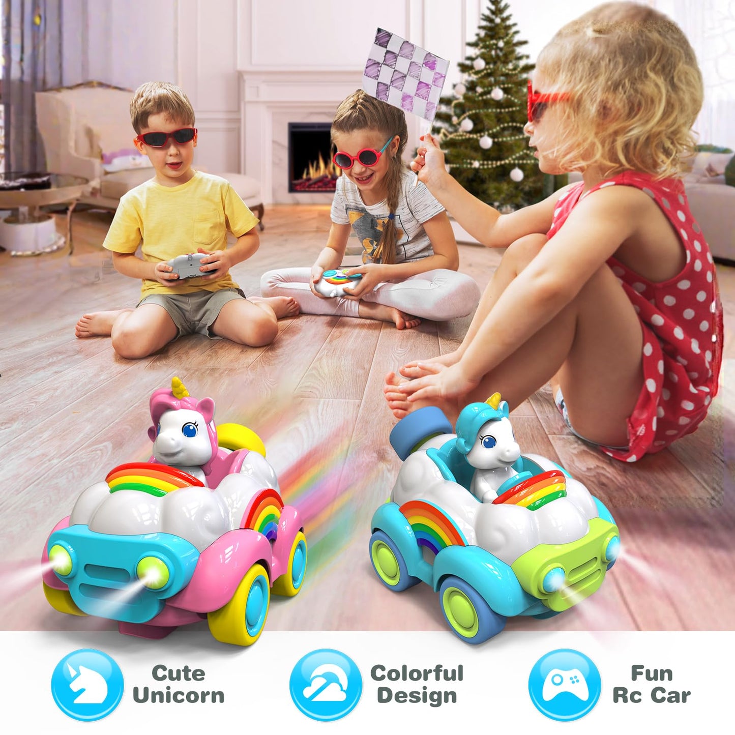 HopeRock Unicorn Toys Remote Control Cars,Toys for Ages 2-4,Gifts for 2 Year Old Girls 2 Pack with LED Lights,Music,and Sound,Bi