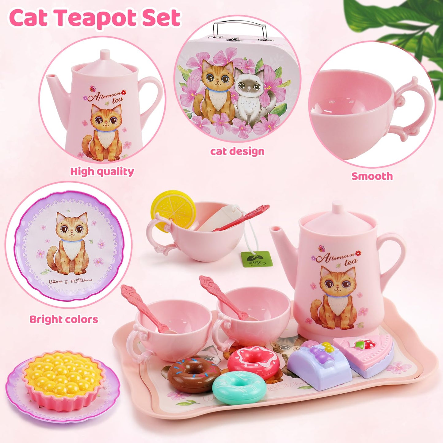 Motiloo 46pcs Cat Tea Party Set for Little Girls,Pretend Play Tea Set for Toddlers 3-8,Includes Plastics Tea Set, Desserts, and