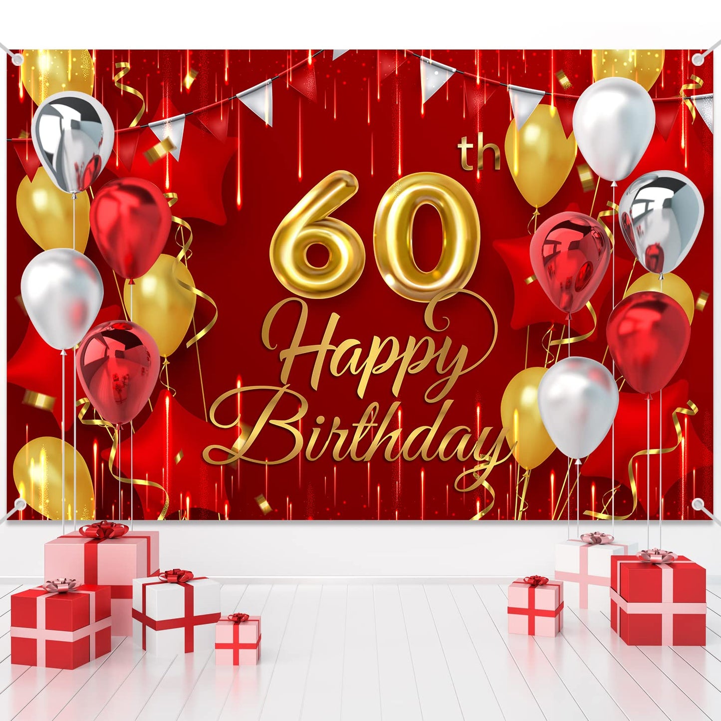 60Th Birthday Backdrop Banner Decorations Red And Gold For Women Men Happy 60 Years Old Bday Background Photography Party Decor Sign Supplies