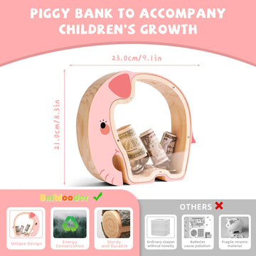 Wooden Pink Elephant Piggy Banks for Kids, Unbreakable Rabbit Coin Bank for Kids with Letter Sticker, Wooden Cashbox Money Jar P