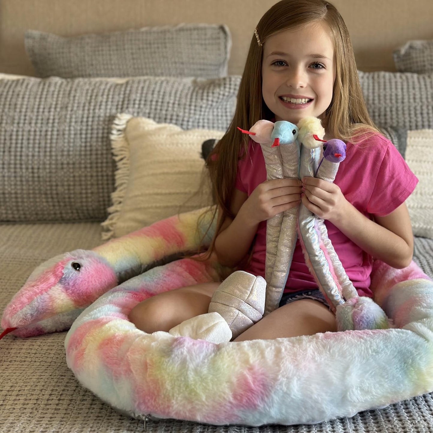 Maogolan 118 Inch Giant Stuffed Snake, Rainbow Snake Stuffed Animal Mommy With 4 Babies & 3 Eggs Plush Toy, Large Boa Constricto