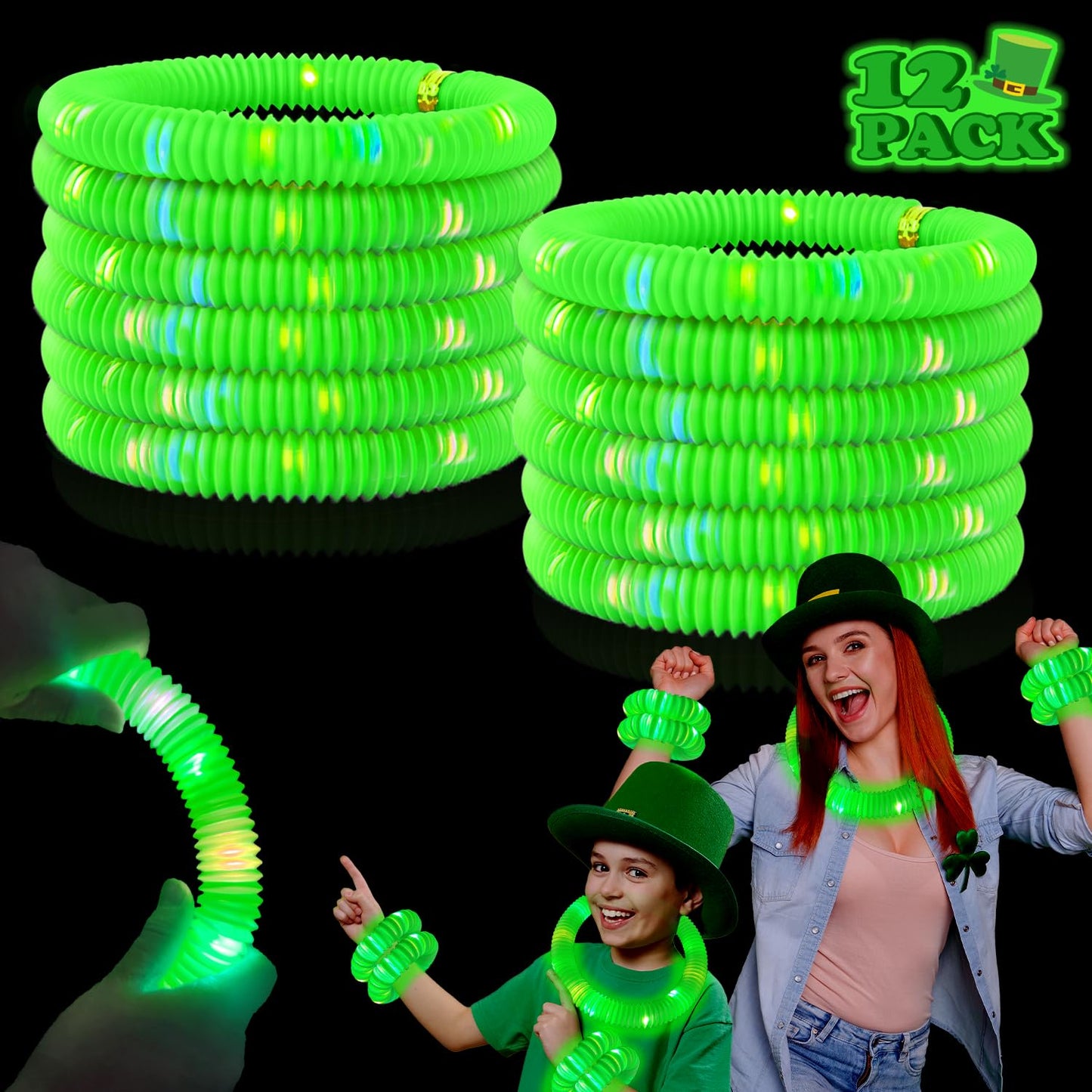 Kannove 12 Pcs Green Glow Sticks Party Favors For Kids,Led Light Up Pop Tubes For Toddlers,Neon Necklaces Bracelets Accessories,