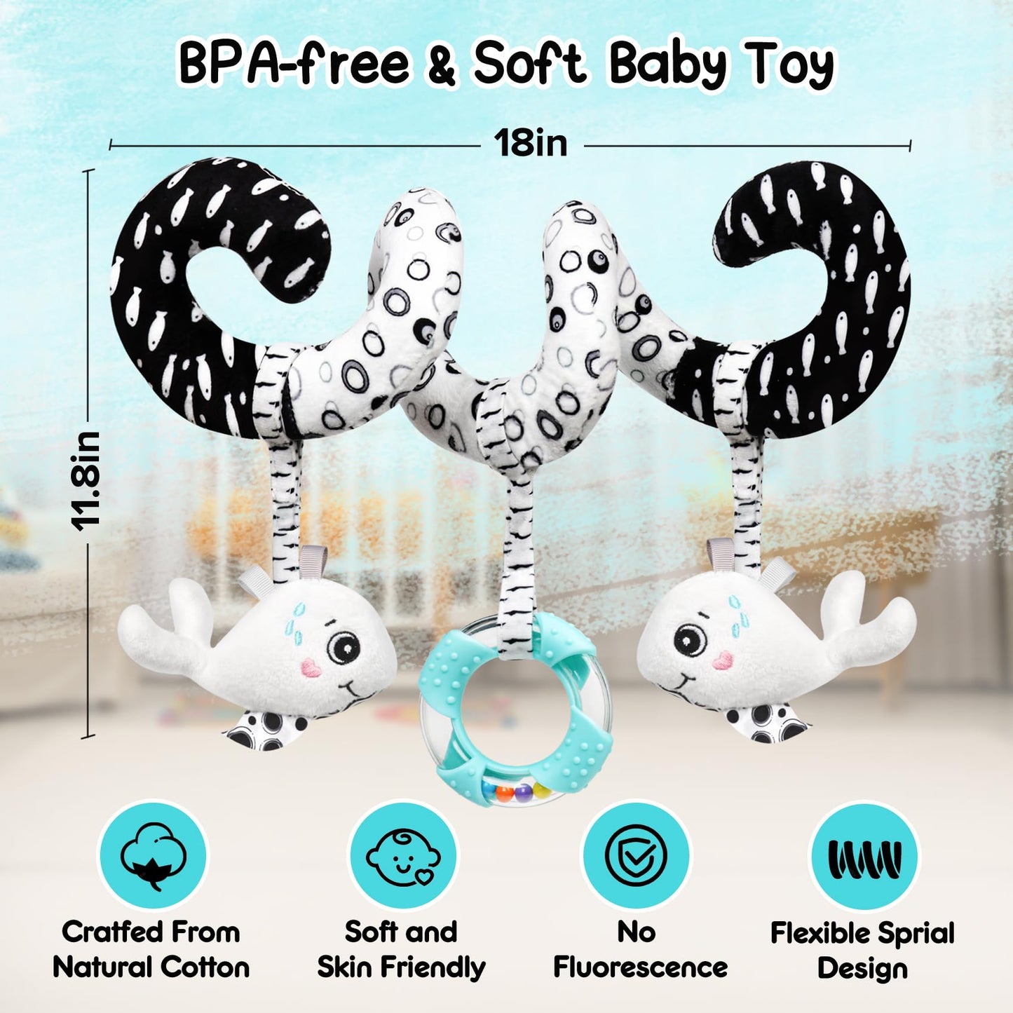 Gkdoms Baby Spiral Hanging Stroller And Car Seat Toys Black And White High Contrast Sensory Toy Newborn Plush Activity Toys Party Favors Quality Gifts For Baby Shower Easter Basket Stuffers -Whale