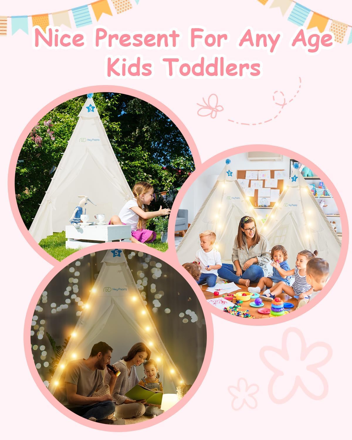 Heypappy 6 Pack Teepee Tent For Kids With Inflatable Airbed, Light, Toddler Tent Children Room Tent, Slumber Party Sleepover Ten