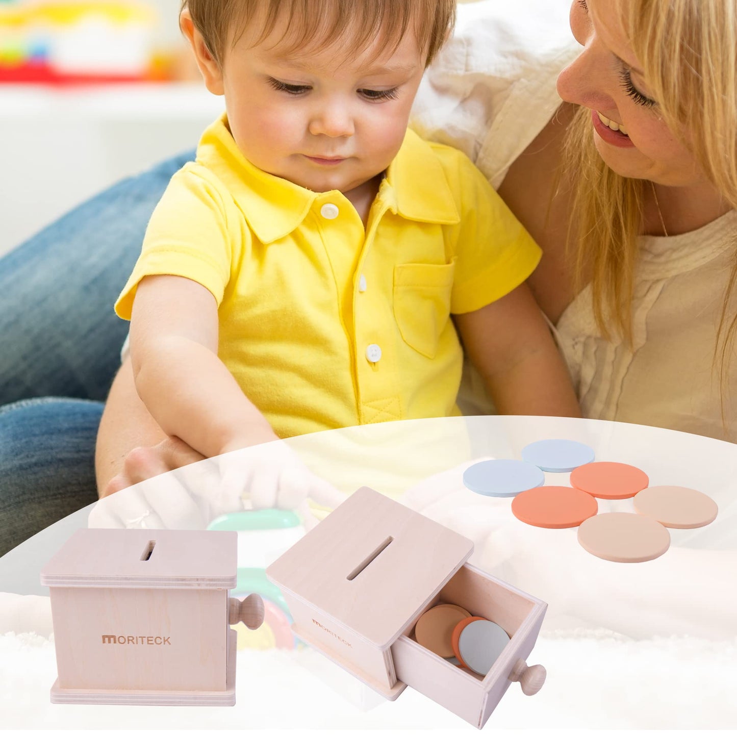 Moriteck Montessori Coin Box And Object Permanence, Wood Drawer With 3 Colors Coin Toy For 8-12 Months And Up Baby, Infant Devel