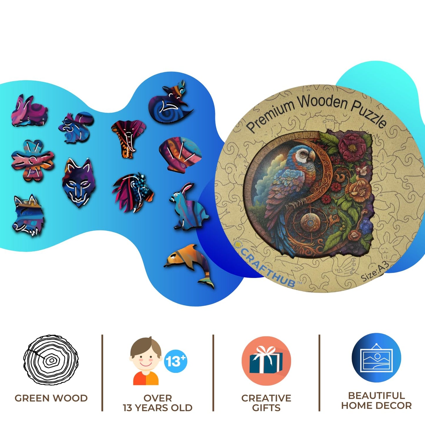 CRAFTHUB Wooden Jigsaw Puzzles - Parrot Yin Yang - Wooden Puzzles for mature-themeds & Kids - Animal Shaped Family Games Gift Ideas for Women and Men 134 Piece A3 Size 10x10.1