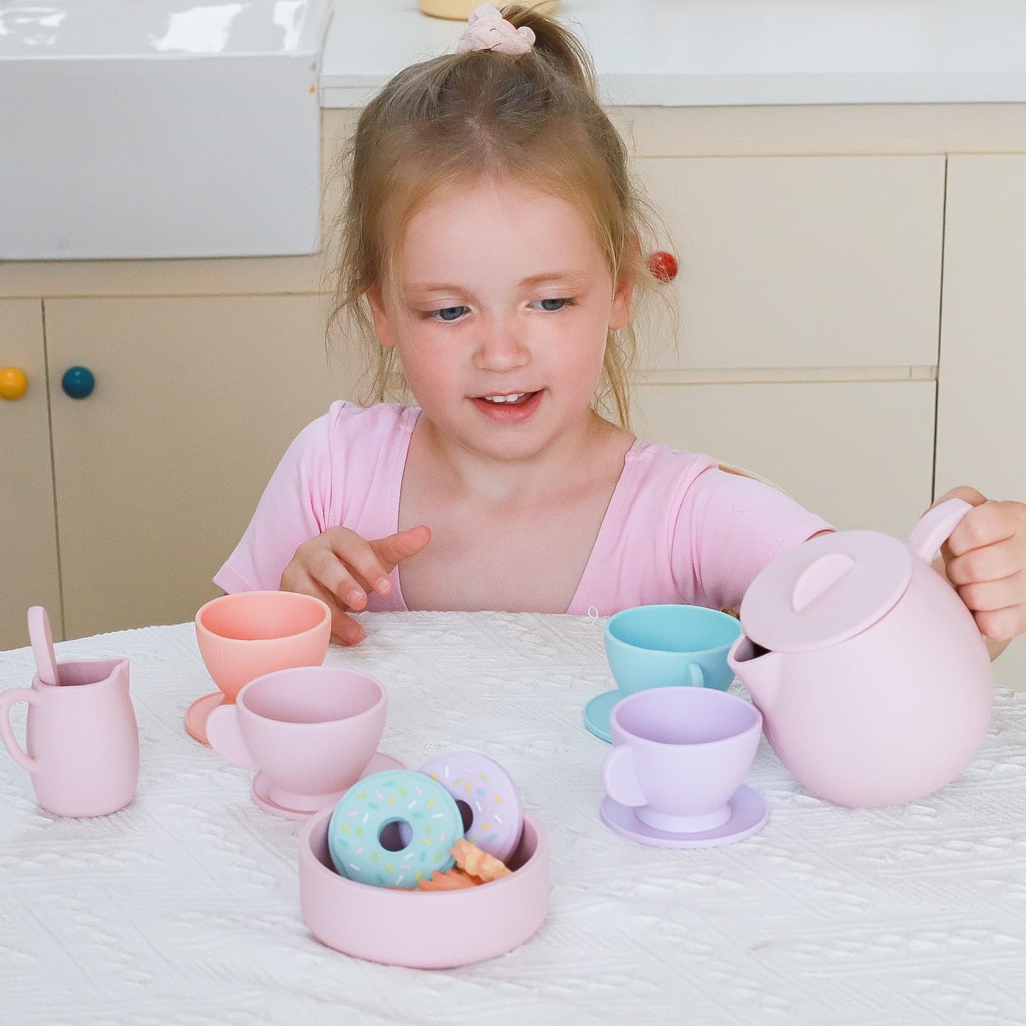 Lorfancy 20 Pcs Silicone Tea Party Set for Little Girls Kids Toddlers Tea Set with Tea Pot Cups Food Pretend Play Kitchen Access