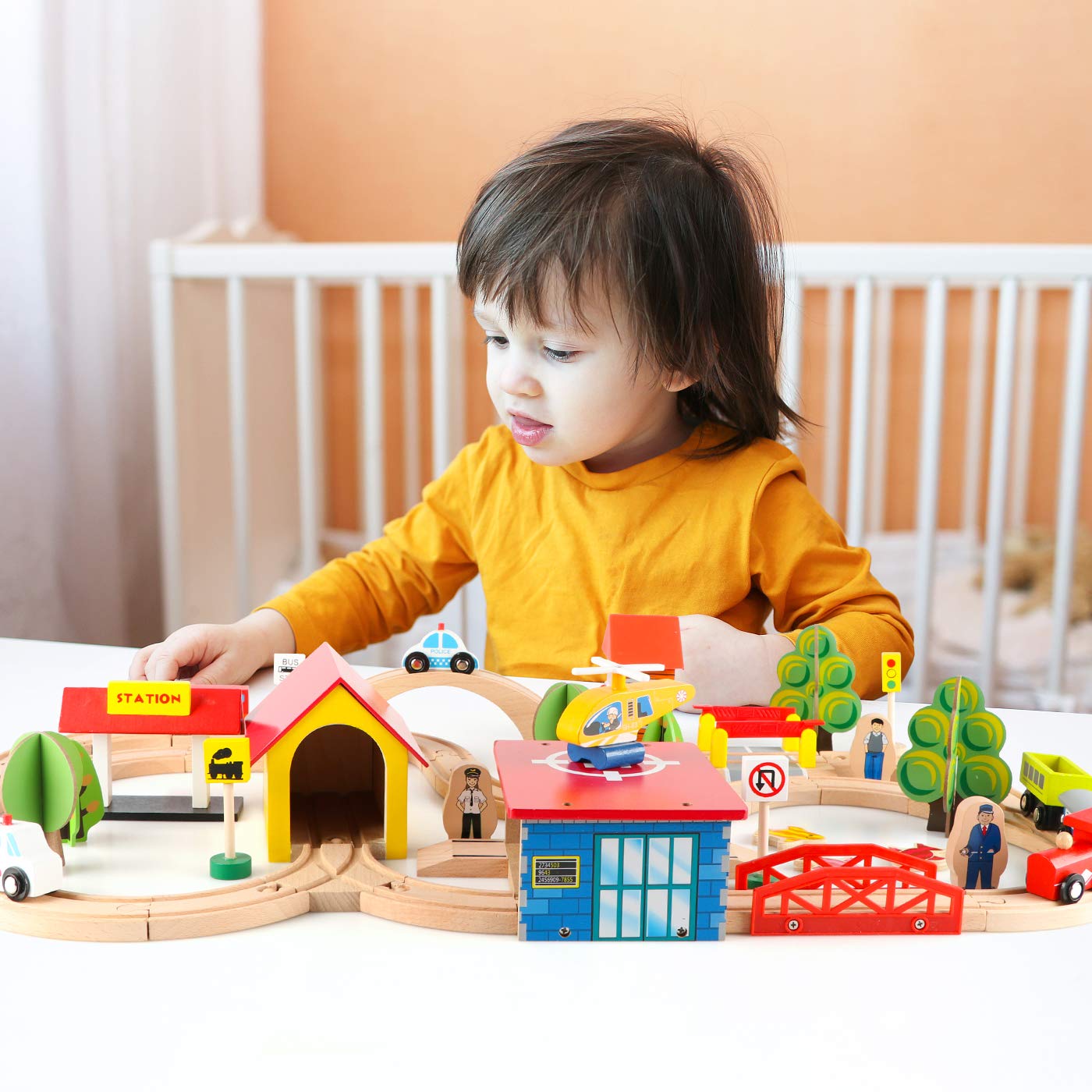 Qilay 69 Pcs Wooden Train Set -Premium Wood Train Tracks & Trains Toys For Toddlers 3,4,5 Years Old, Expandable Train Toys Railway Kits For Girls Boys, Fit All Major Bands Train Tracks Set
