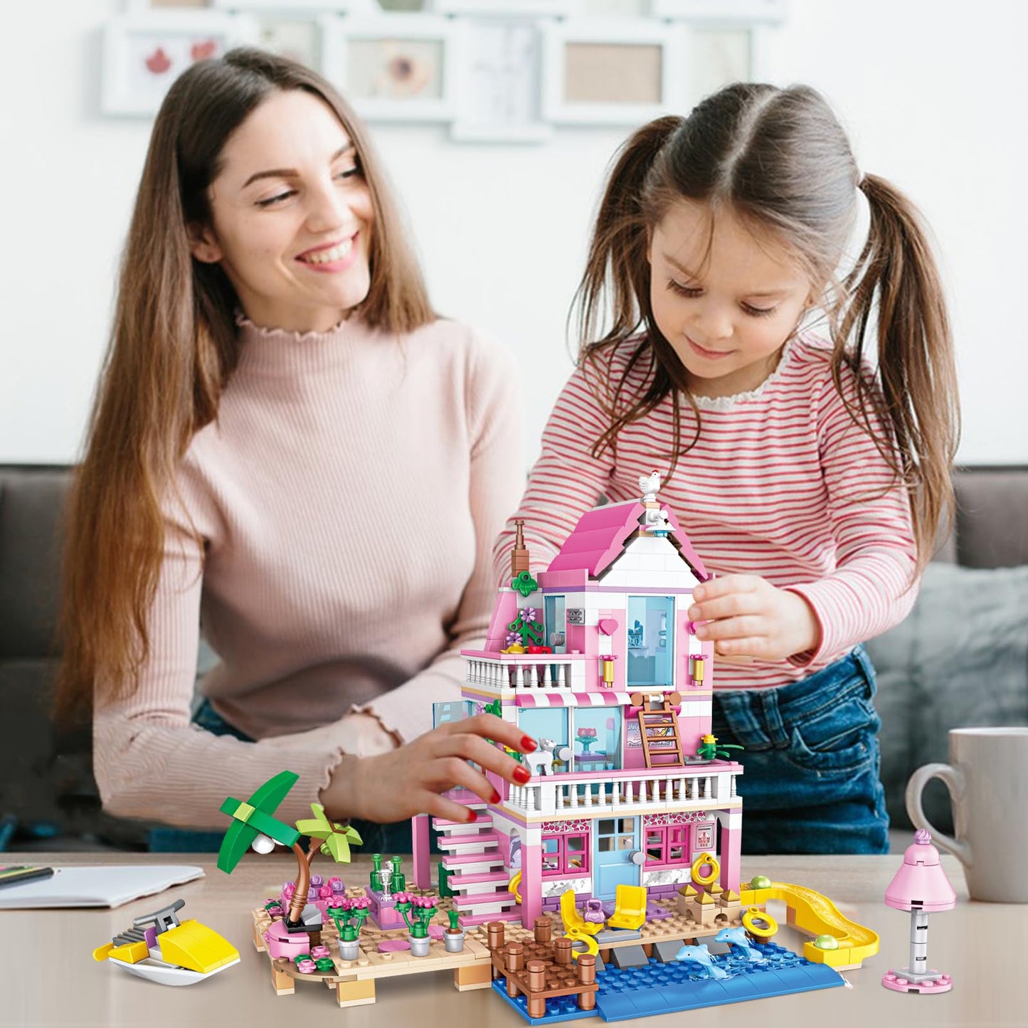 HSANHE Pink Girls Seaside Beach Villa Building Set - 822 PCS, Plastic, Compatible with Lego Friends, Model YC182