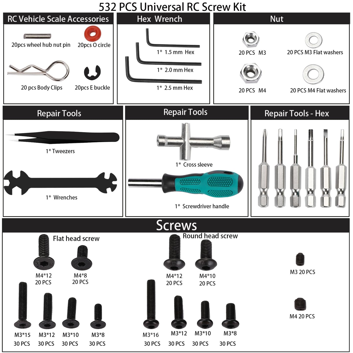RC Car Repair Work Stand 532 PCS RC Repair Tool Screws Set Kit 360 Degree Rotation RC Repair Station Screwdrivers Screws Pallet