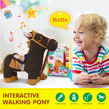 Black Walking Pony Plush Interactive Pony Toy Singing Dancing Musical Realistic Pony, Stuffed Shaking Leash Horse Toy Head Butto