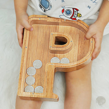Piggy Bank For Kids Boys Girls, Large Personalized Wooden Letter Piggy Bank With Cut-Out Design, Alphabet Letter Coin Banks, Money Savings Box, Wooden Bank For Kids Creative Gift For Real-Money(P)