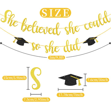 She Believed She Could So She Did Banner Decorations - Gold Glitter She Did It 2024 Garland Graduation Bunting Banner, Congrats