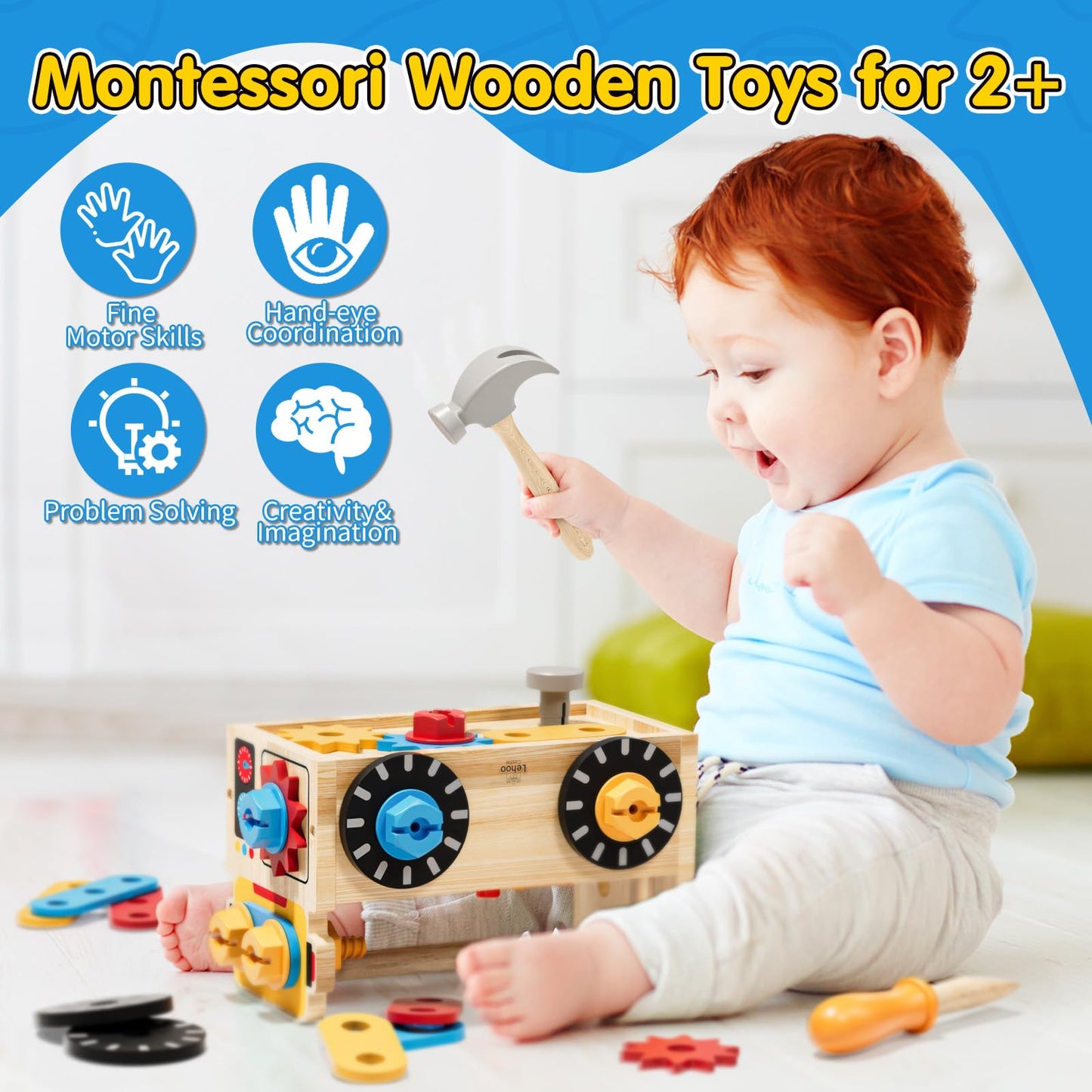 Montessori Kids Tool Set, Wooden Toddler Tool Bench Educational Toys for Ages 2-4, 2 Year Old Boy Gift for Birthday Christmas, S