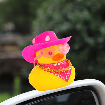 Wonuu Car Rubber Cowboy Duck, Yellow Ducks Decoration Dashboard With Cowboy Hat Necklace Sunglasses, White Spots Pink