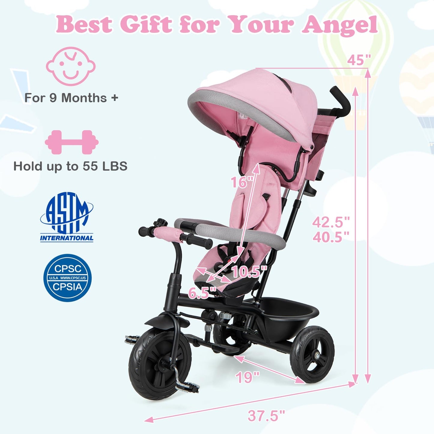 HONEY JOY Tricycle, Kids Trike Stroller w/Adjustable Push Handle & Canopy, Reversible Seat, Safety Belt, Folding Pedal, Cup Hold