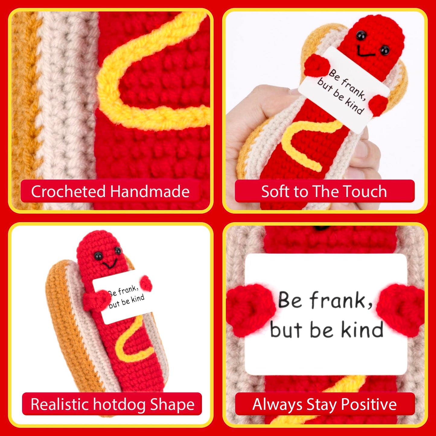 Giftiara Funny Positive Hot Dog, Emotional Support Hot Dog, Cute Crochet Potato Partner Toy With Positive Card Cheer Up Funny Gag Gifts(Hot Dog), Brown
