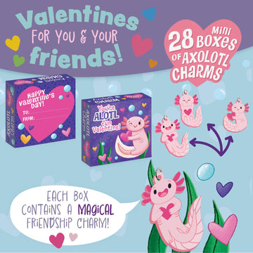 Peaceable Kingdom Valentines Cards for Kids Classroom, Set of 28 Valentines Day Gifts - Axolotl Friendship Charms
