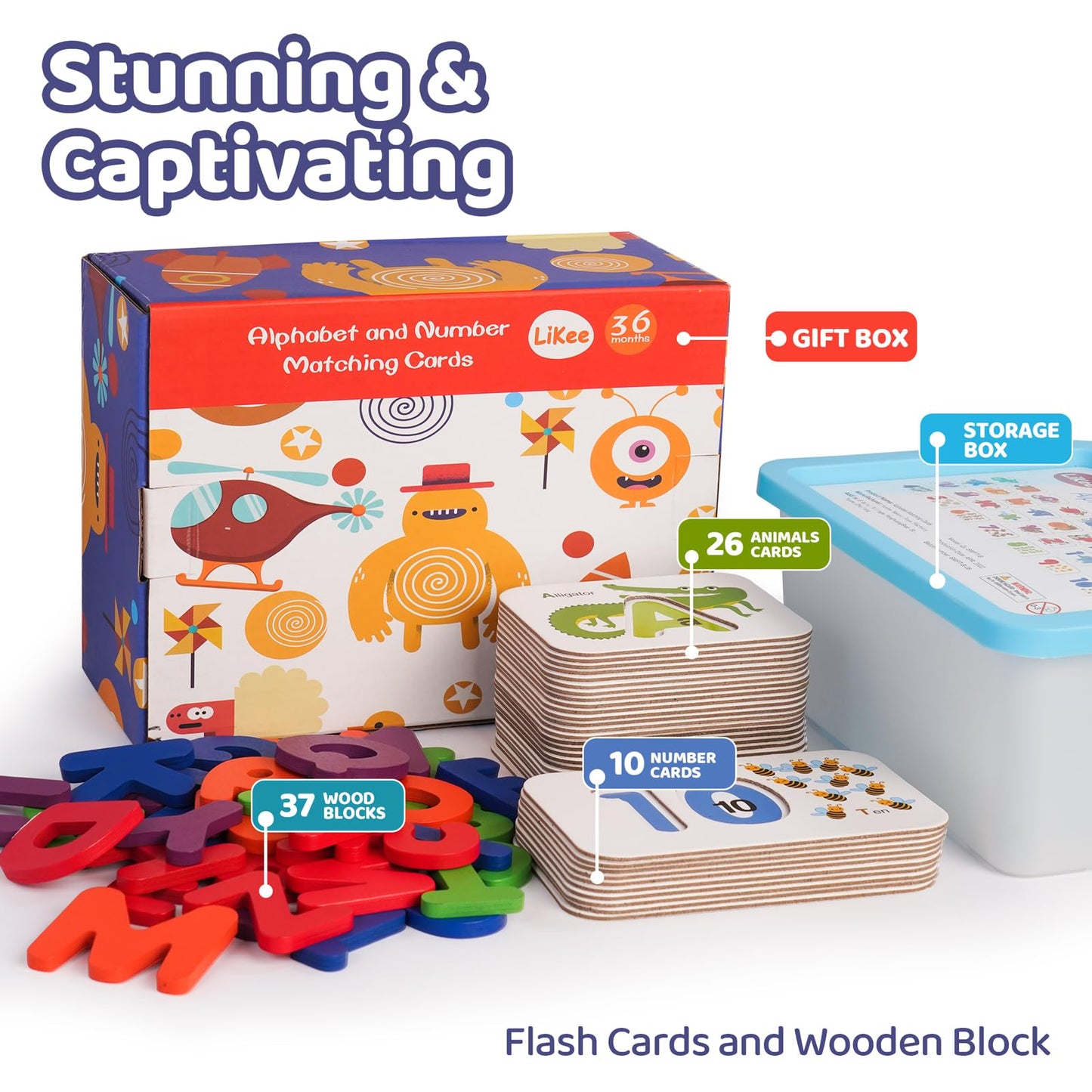 Likee Alphabet Number Flash Cards Wooden Letter Puzzle Abc Sight Words Match Games Counting Board Preschool Educational Montessori Toys For Toddlers Boys Girls 3+ Years (36 Cards& 37 Block)