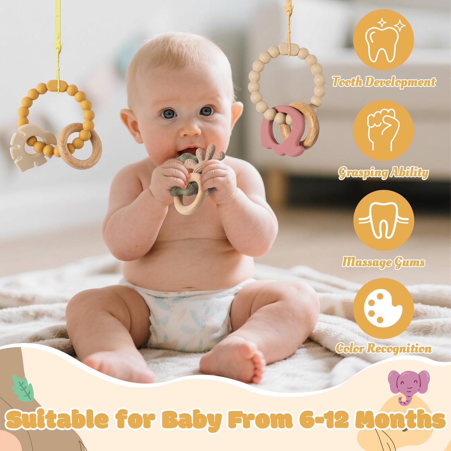 Silicone Teether Toys for Babies - 2ooya 3Pcs Animals Themed Teething Ring, Elephant Baby Sensory Chew Toys with Rattles for New