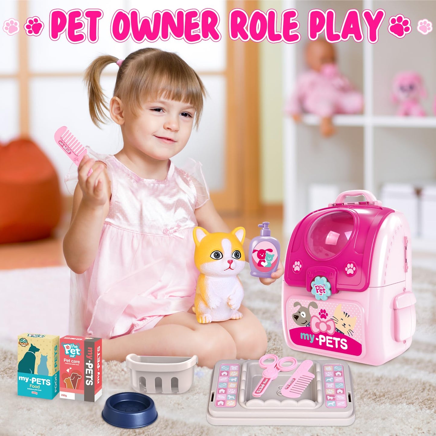 Shemira Girl Toys Gifts for 3 4 5 6 Years Old, Pet Care Playset for Kids, Pet Care Pretend Play Toys for Kids with Toy Cat &Stor
