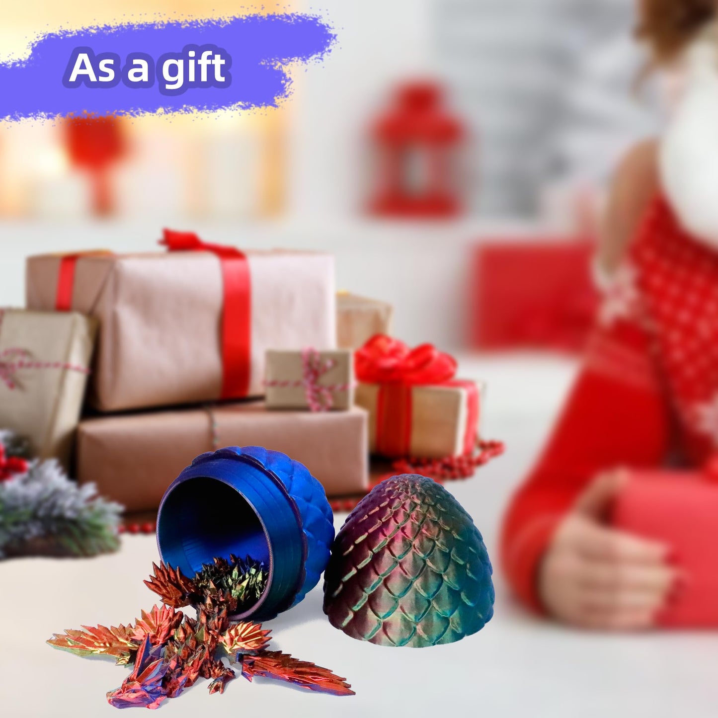 Flavery 3D Printed Flying Dragon in Egg - Tricolor Egg with 9'' Flexible Winged Dragon Inside, Colorful Fidget Toy, Birthday Gif