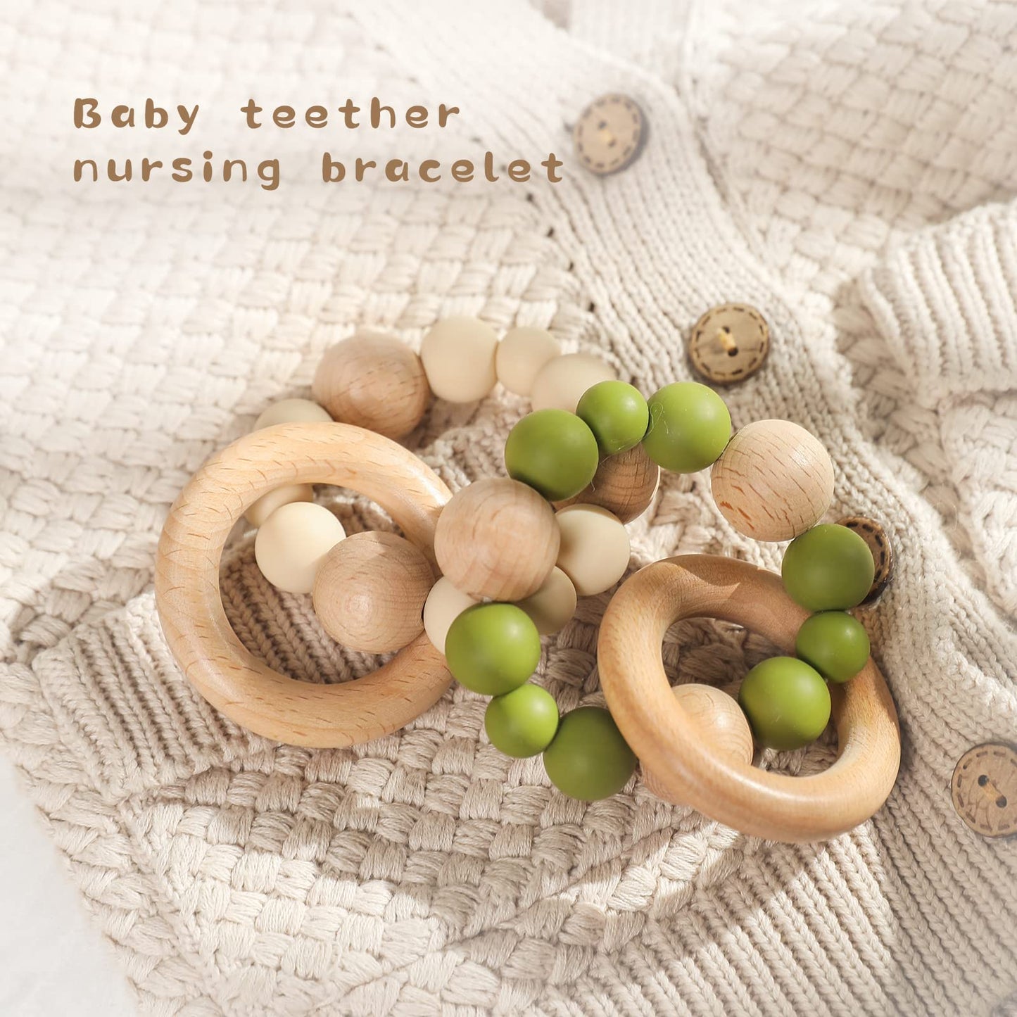 Promise Babe Silicone & Beech Baby Teether Retro Color Bracelet 2Pc Set Wooden Nursing Bracelet