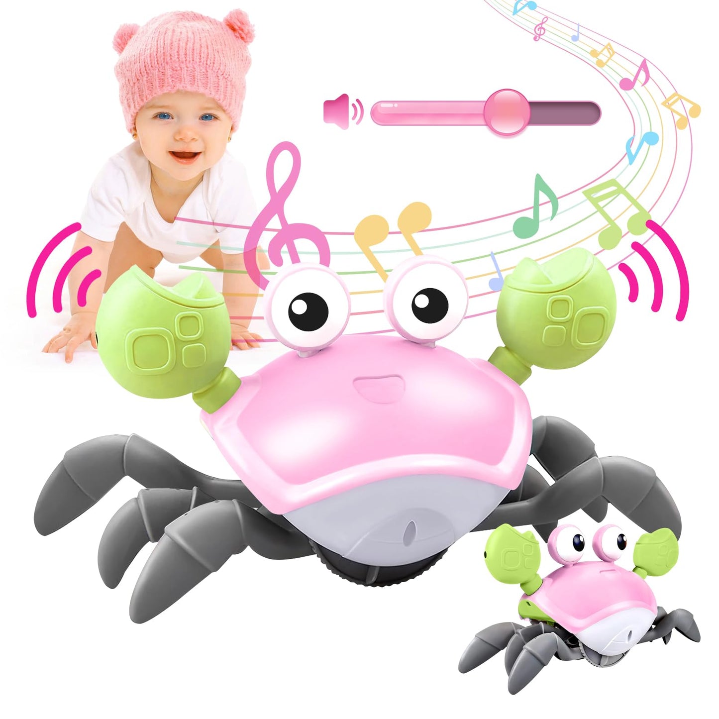 Plnmlls Crawling Crab Baby Toy - Tummy Time Toys - With Music And Led Light,Built-In Rechargeable Battery And Adjustable Volume For 0-6 6-12 12-18 36 Months Walking Toddler Birthday Gift(Pink)