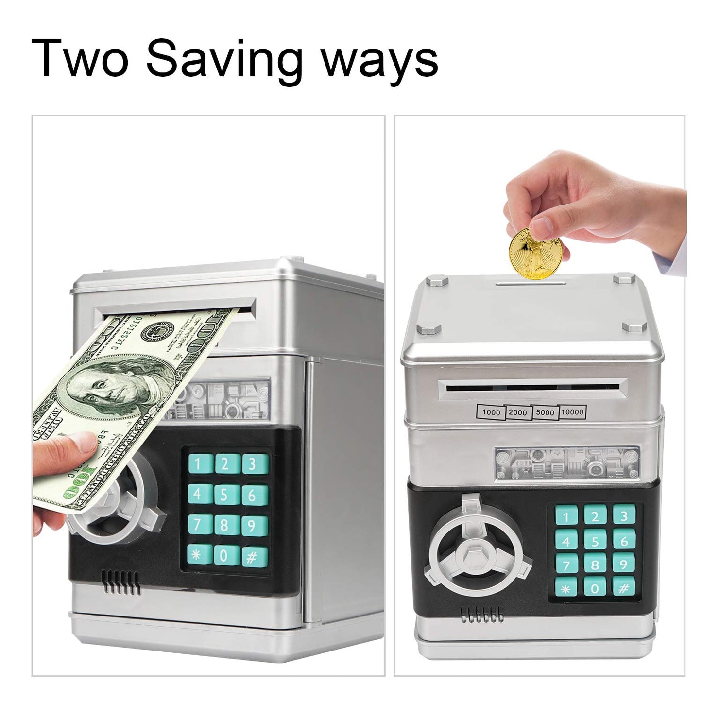 Adevena Electronic Piggy Bank, Mini Atm Password Money Bank Cash Coins Saving Box For Kids, Cartoon Safe Bank Box Perfect Toy Gifts For Boys Girls (Silvery)