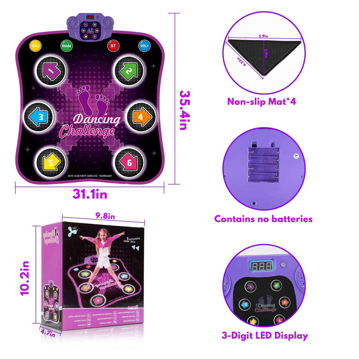 Fuairmee Dance Mats For Kids Ages 4-8, Dance Mat With Bluetooth, Built-In Music, 3 Languages Melodies, 5 Modes, Electronic Dance