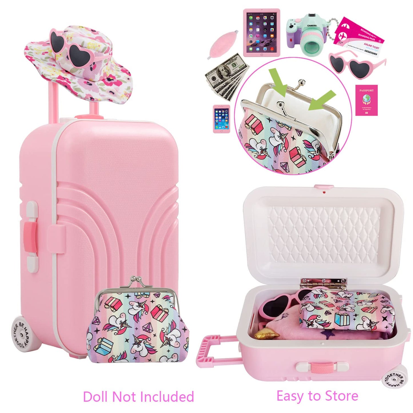 Windolls 18 Inch Doll Suitcase Travel Luggage Play Accessories - 18' Doll Clothes Accessories Travel Carrier Storage Set, Include Case, Doll Clothes, Hat, Sunglasses, Camera, Pillow, Toy Pet, Etc