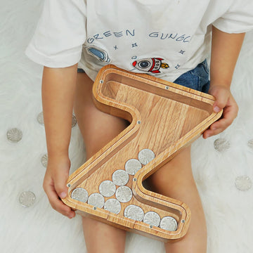 Piggy Bank For Kids Boys Girls, Large Personalized Wooden Letter Piggy Bank With Cut-Out Design, Alphabet Letter Coin Banks, Money Savings Box, Wooden Bank For Kids Creative Gift For Real-Money(Z)
