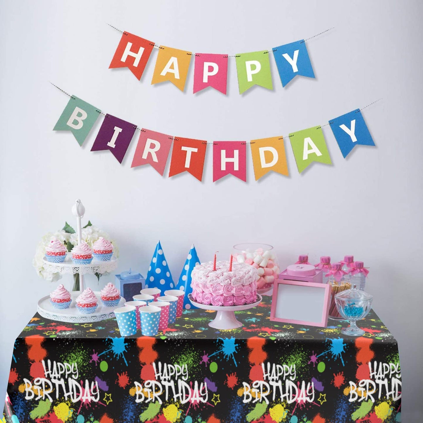 Domgoge Glow Tablecloth For Birthday Party Decoration Plastic Neon Table Cover Rectangle Paint Splatter Graffiti Black Table Clo