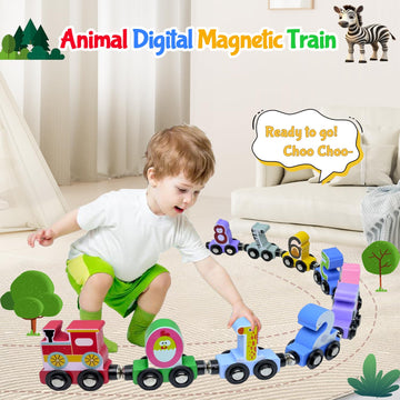 Toddlers Toy For 1 2 3 Years Old Boys Girls, 12 Magnetic Wooden Animal Digital Train Set With Storage Bag,Montessori Toys For 2-