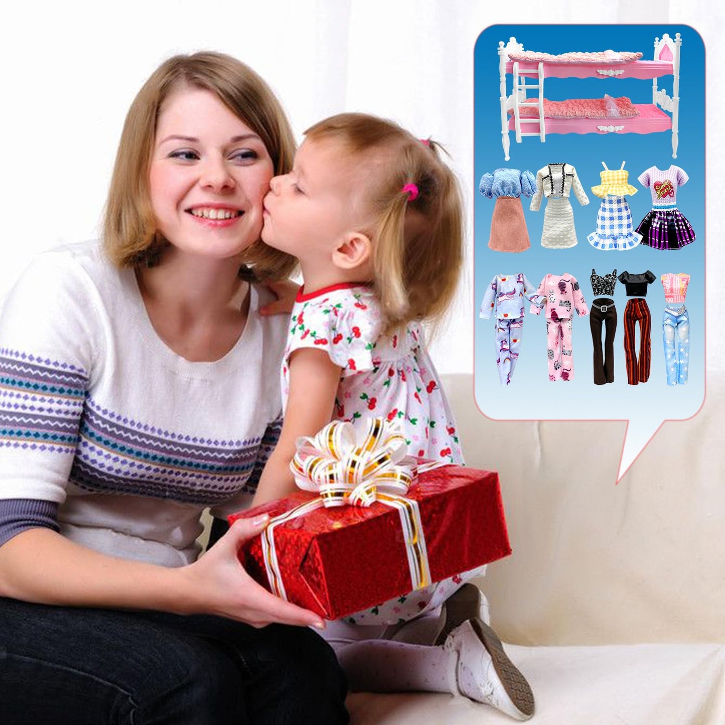 Dolls Clothes And Accessories, Bunk Bed Playset, 2 Blankets, 2 Fashion Dresses, 2 Clothing Outfits, Bedroome Set For 11.5 Inch Dolls, With 2 Pajamas