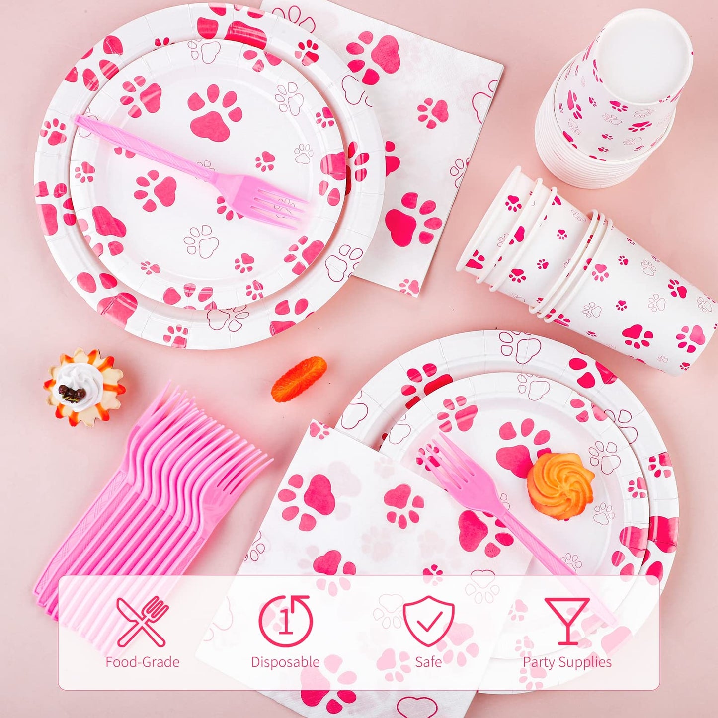 Durony 121 Pieces Pink Paw Print Party Supplies Dog Birthday Tablecloth, Plates, Napkins, Forks And Paper Cups Decorations For P
