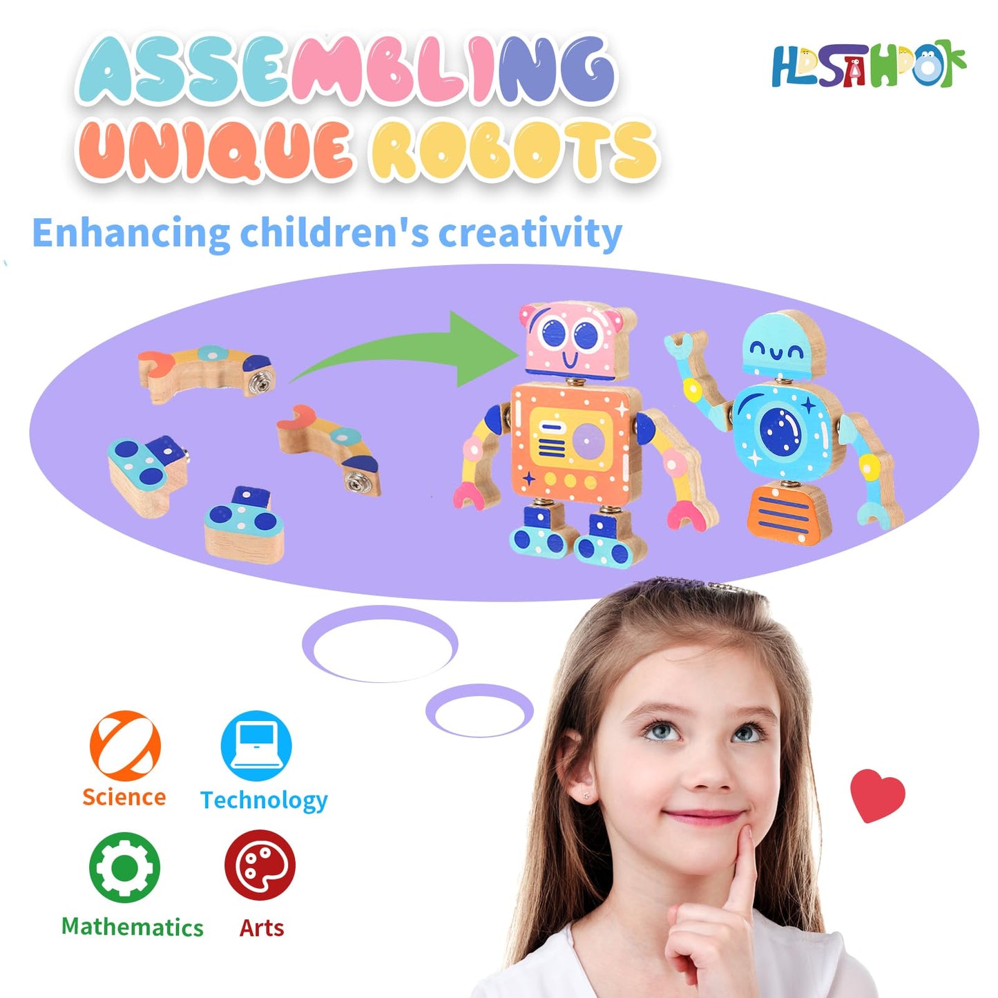 Hdsahdok Wooden Snap Together Building Toys, Stem Blocks Toys, 28 Pcs Robot Take Apart Toys Playset, Montessori Educational Fine