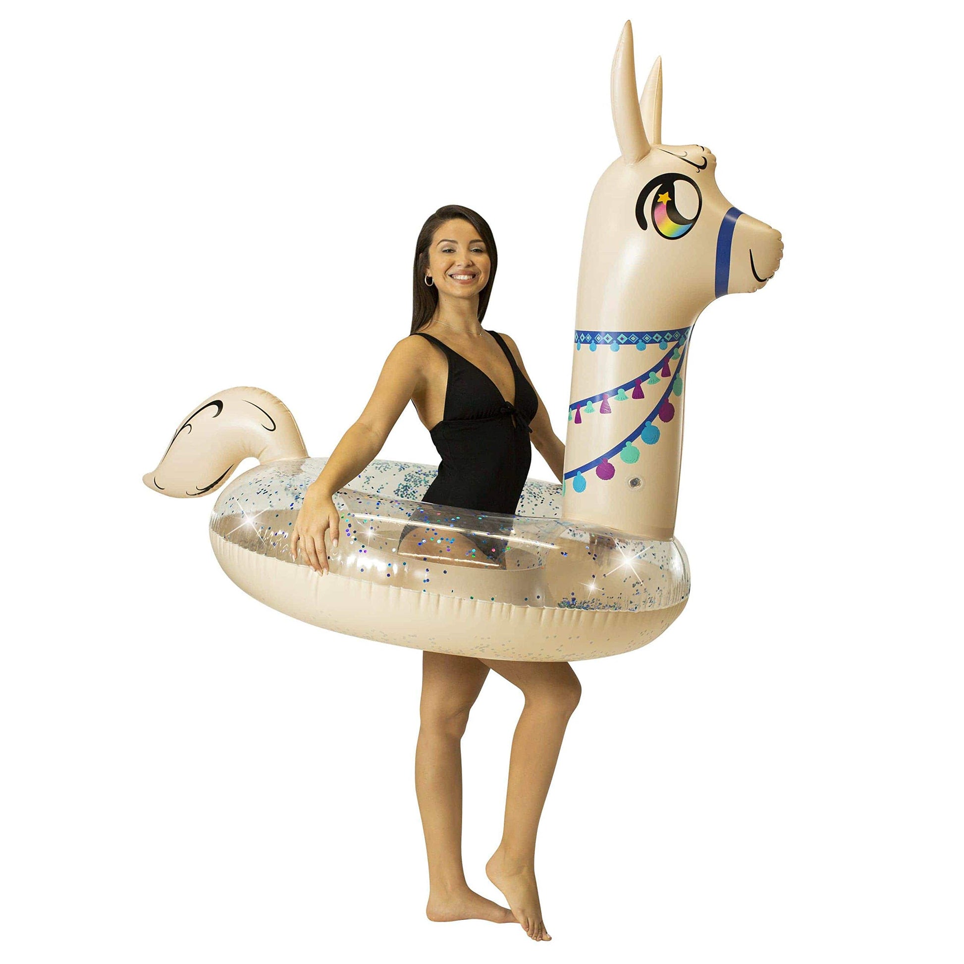 PoolCandy Inflatable Animal Pool Tubes & Swim Rings (Llama Glitter Filled 48 inch Pool Tube Swim Ring)