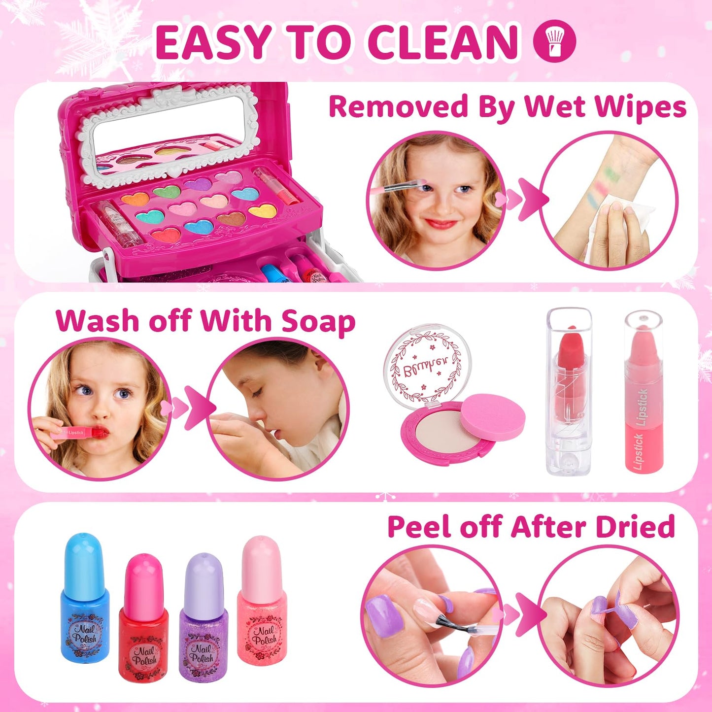Aureyung Kids Makeup Kit for Girl, Toys for Girls Ages 3 4 5 6 7 8 9 10, 54PCS Washable Real Makeup Set, Kids Make Up, Play Make
