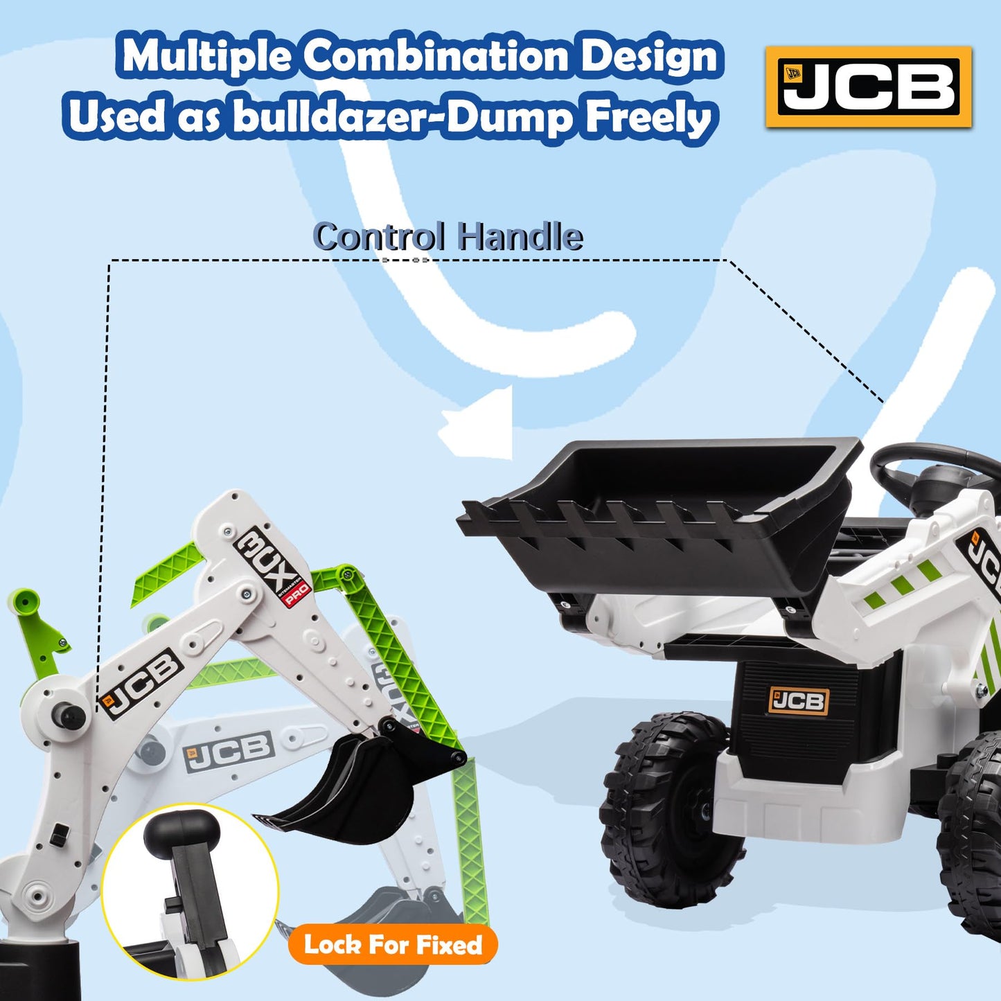 12V JCB Ride On Excavator Construction Electric Vehicle for Kids 3-8 with Tractor Bulldozer Digging Arm Remote Control Adjustable Speeds White