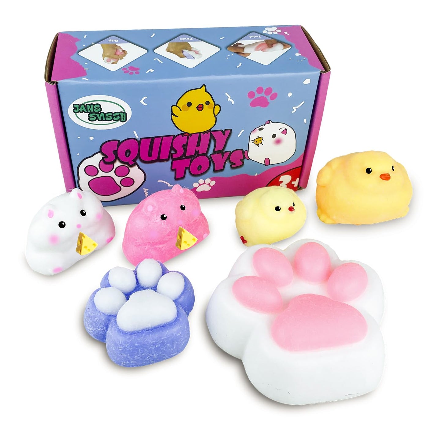 Squishy Pack,Squishy Fidget Toys Kit,Include Squishies(1 Big Cat Paws & Chick,1 Norma Chick & Cat Paws.2 Hamster),Squeeze Toy,Bi