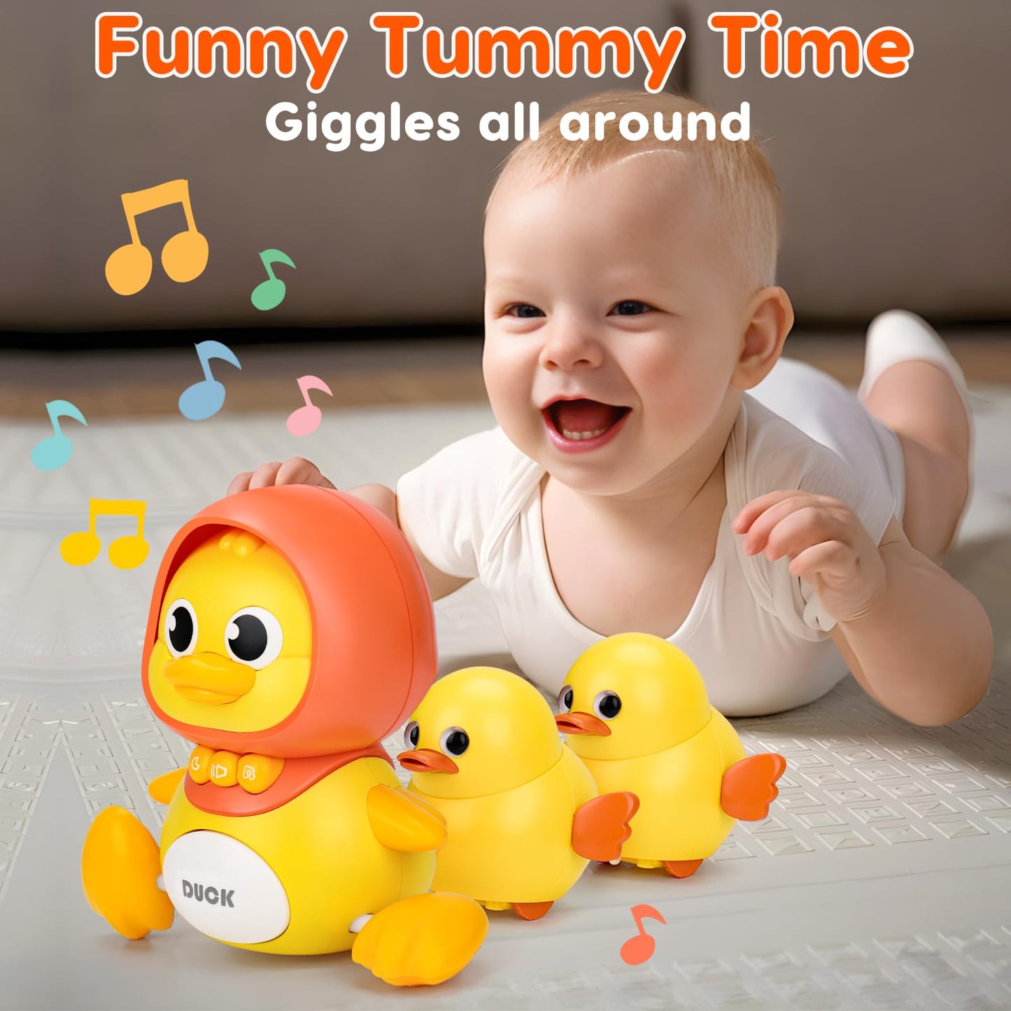 Baby Musical Duck Toy Set With 2 Baby Ducks Light Up Tummy Time Infant Toys 0-3-6 Months Crawling Toys For Babies 6-12 12-18 Months Birthday Shower Gifts For 1 Year Old Boy Girl Easter Basket Stuffers