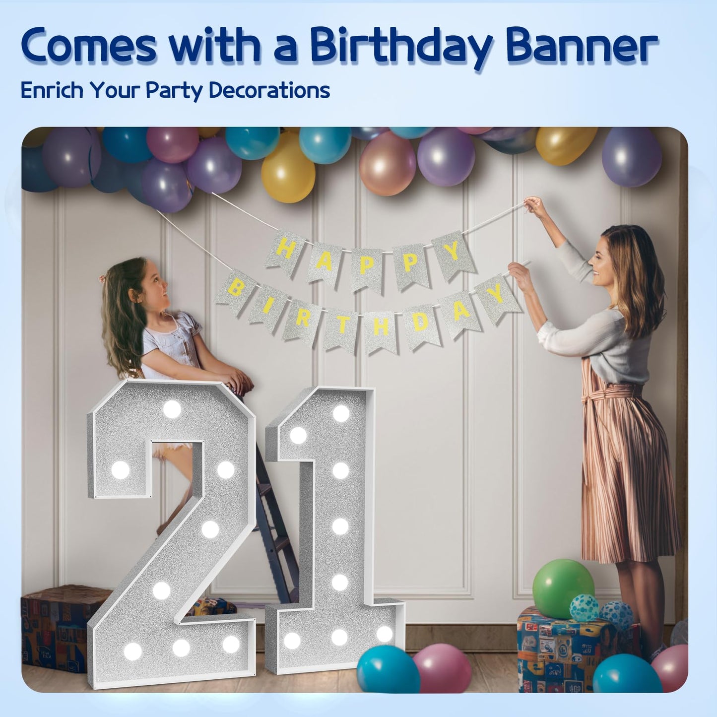 Imprsv Marquee Numbers Silver 21St-Birthday Decorations: Large 3Ft Light Up Number Grey 21 Birthday Decoration For Women Men Twe