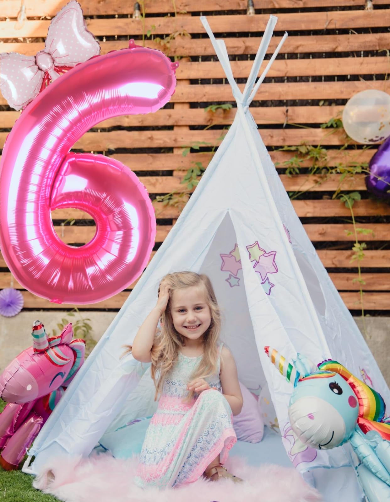 Kwuz 40 Inch Pink Number 6 Balloon with Mini Bow Balloon for Girls 6th Birthday Decorations, Pink Princess Western Cowgirl Theme