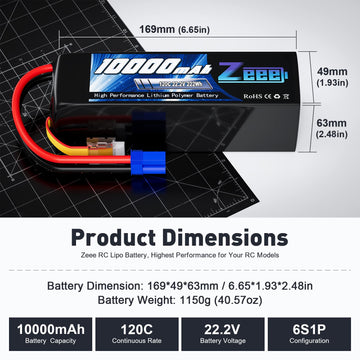 Zeee 6S Lipo Battery 10000mAh 22.2V 120C Soft Pack RC Battery EC5 Connector with Metal Plates for RC Car Truck Desert Racer RC T