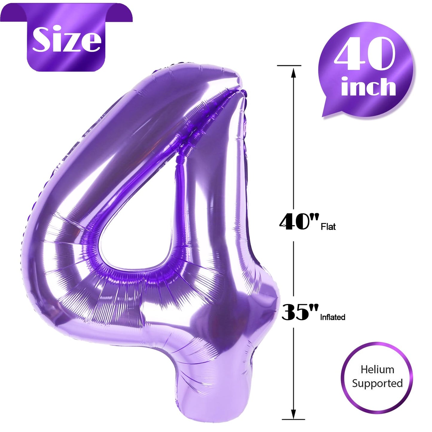 Purple 4 Balloon, Number Balloon 40 Inch, 4Th Purple And White Party Decorations, Four Large Numbers For Party Decor, Number 4 B