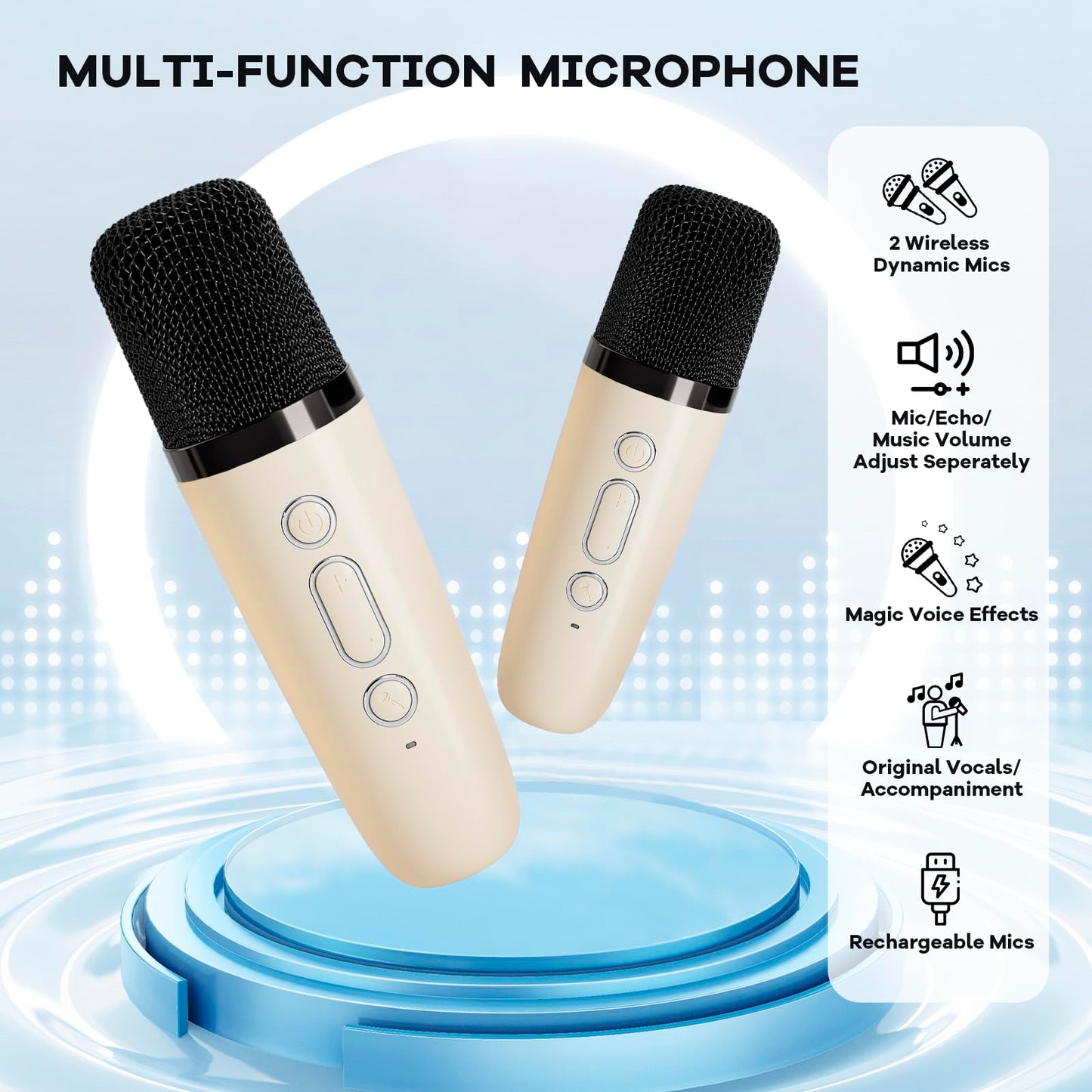 Yll Mini Karaoke Machine With 2 Wireless Microphones For Kids Adults, Portable Bluetooth Speaker Gift For Girls Toys 4, 5, 6, 7, 8, 10, 12+ Years Old Teens Birthday(Beige)